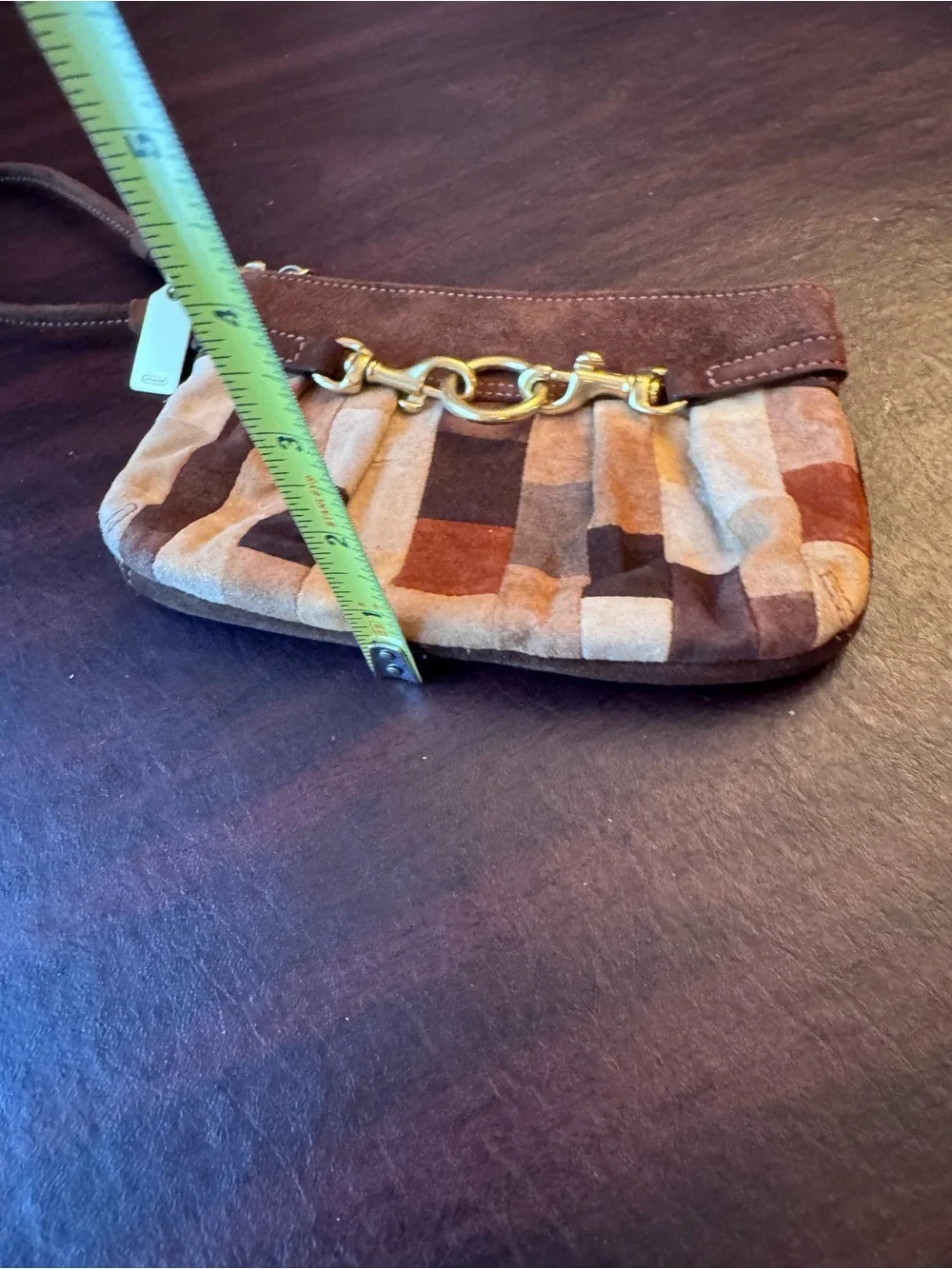 vintage Coach Hamptons Mosaic patchwork suede wristlet brown brass
